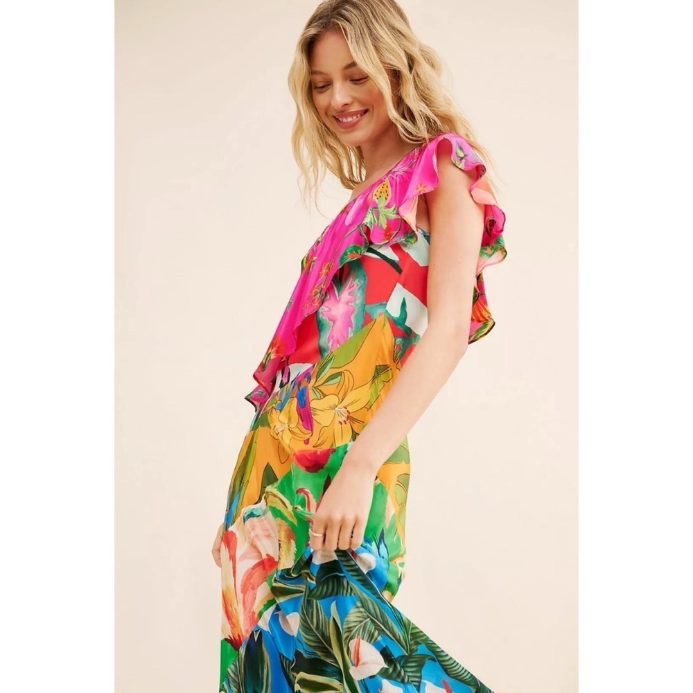 Farm Rio Mixed Flowery Ruffle One Shoulder Midi Dress Tropical Floral Medium - Picture 5 of 17